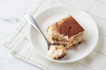 Piece of Homemade Tiramisu cake dessert