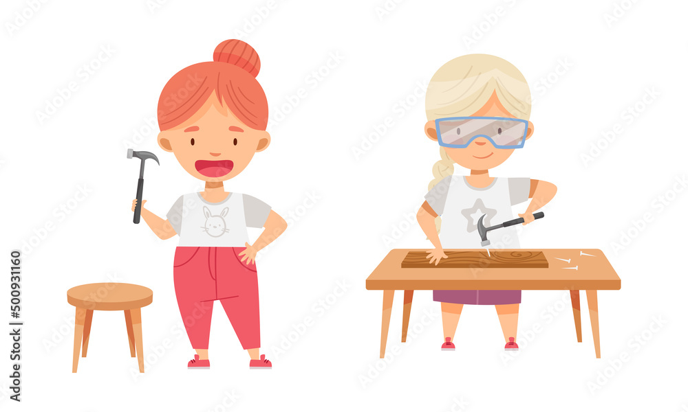 Wall mural Cute boys doing carpentry work. Kids nailing up at craft lesson cartoon vector illustration