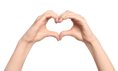 Woman showing heart on white background, closeup of hands