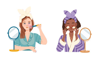 Beauty daily routine. Girls taking care of their faces using facial beauty products and applying makeup cartoon vector illustration
