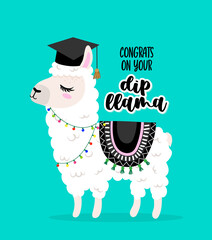 Congrats on you Dip-Llama (diploma pun) - Smart Llama student in graduate cap. Cute Alpaca character. Hand drawn doodle for kids. Good for textiles, school sets, wallpapers, wrapping paper, clothes.