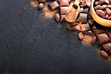 Chocolate . Composition of cocoa powder, grated and bean cocoa bars and pieces of different milk...