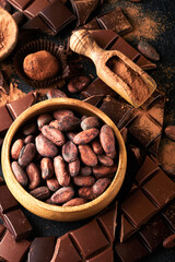 Chocolate bean cocoa. Composition of cocoa powder, bean cocoa bars and pieces of different milk and...