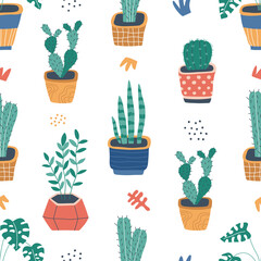 Seamless pattern with home plants in hand drawn, Scandinavian style. Illustration for textiles, stickers, cards, poster, wallpaper, wrapping paper. Isolated on white background vector illustration