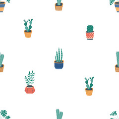 Seamless pattern with home plants in hand drawn, Scandinavian style. Illustration for textiles, stickers, cards, poster, wallpaper, wrapping paper. Isolated on white background vector illustration