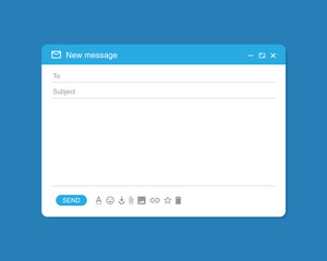 Email interface. Mail window template, internet message isolated frame, blank email UI design in blue. Vector EPS 10