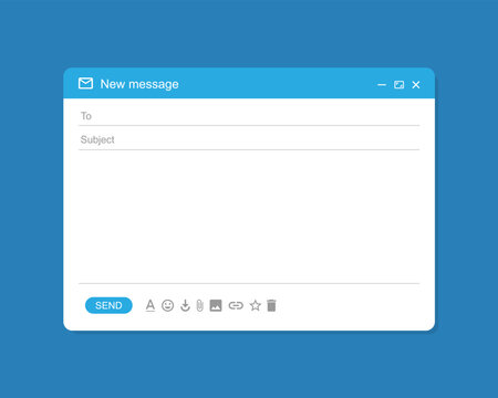 Email interface. Mail window template, internet message isolated frame, blank email UI design in blue. Vector EPS 10