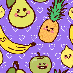 Kawaii fruits. Seamless pattern on purple background. Cute smiling characters.