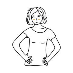 Young pretty girl with a bob haircut smiles sweetly, putting her hands on waist at her sides. Black and white vector isolated illustration hand drawn