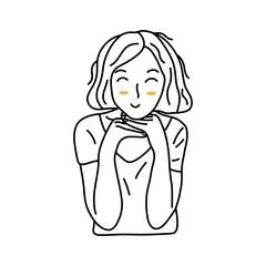 Young pretty girl with a bob haircut smiles sweetly, putting her hands under her chin. Black and white vector isolated illustration hand drawn. Facial expression