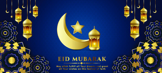 Eid Mubarak banner background. Eid Islamic holiday design templates with crescent moon and mosque.