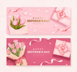 Fototapeta na wymiar Mother's day horizontal poster or banner set with envelope, tulips and gift box on pink background