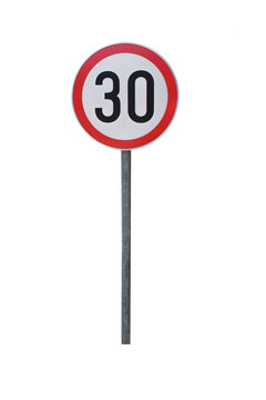 Round red roadsign showing 30 isolated on white background