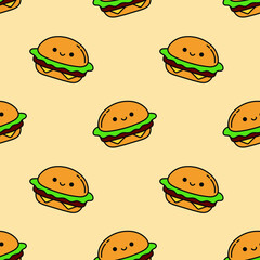 Cute burger simple vector seamless pattern, doodle burgers background
