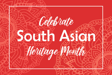 South Asian Heritage month celebration. Vector banner with abstract mandala symbol ornament on red background. Greeting card, banner design.