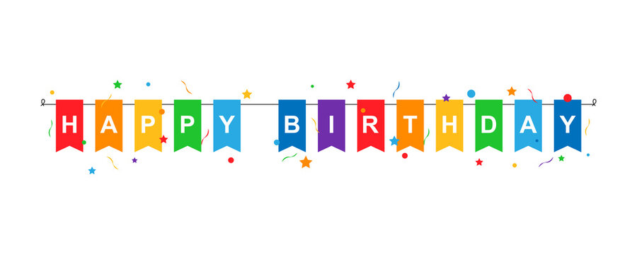 Happy birthday inscription on multi-colored flags hanging on a string with confetti with stars and ribbons isolated on white background. Vector EPS 10