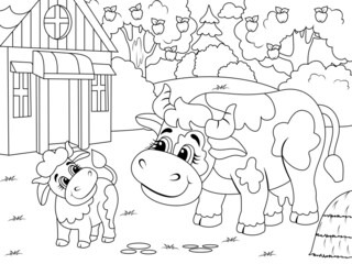 Agricultural yard. Cow and calf. Children coloring book.