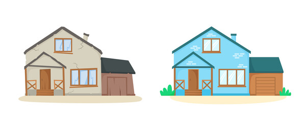 Fototapeta premium House before and after renovation. Old and new suburban cottage. Run-down and repaired home. Remodelled brick house with garage. Nice detached house. Vector 