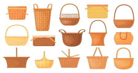 Cartoon handmade baskets. Wicker rattan picnic basket, bamboo weave empty bag for lunch or gift easter, straw hamper, rural wooden handle basketry, cartoon neat vector illustration - obrazy, fototapety, plakaty