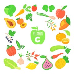 Vitamin C sources. Deficiency fruit complex food rich vitamins, dietical citrus supplements, benefit health nutrition, infographic vegetables diet, cartoon neat vector illustration