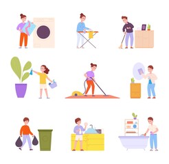 Kid help housework. Children boys doing house job home responsibility, dusting help ironing household activity chore, clean room laundry dish