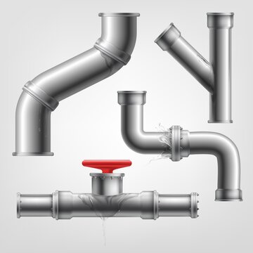 Realistic leaking pipes. Isolated kitchen pipe leakage, broken plumbing leak piping, piped crack drain damaged pipeline, wet valve home communication, tidy vector illustration