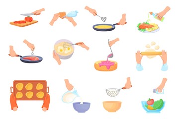 Cartoon hands prepare food. Hand cook, spatula for cooking process, sprinkle chopping salt in salad bowl cut knife, ladle jam prepare dough baking accessories, vector illustration