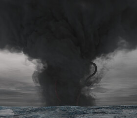 Illustration of a tornado at sea with the shape of a large tentacled monster within it © GARETH