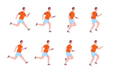 Fototapeta na wymiar Running man sequence. Run character frame animation 2d runner profile, sprite sheet jogging motion cycle loop fitness exercise fast sport movement guy, splendid vector illustration