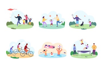 Parents sport activities. Sportive activeness fun family practicing physical exercise, kid play fitness game together parent healthy fit leisure, cartoon garish vector illustration