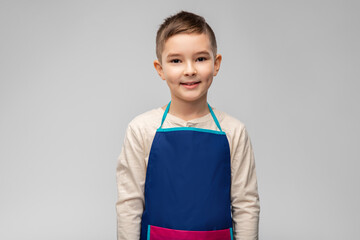 cooking, culinary and profession concept - happy smiling little boy in apron over grey background