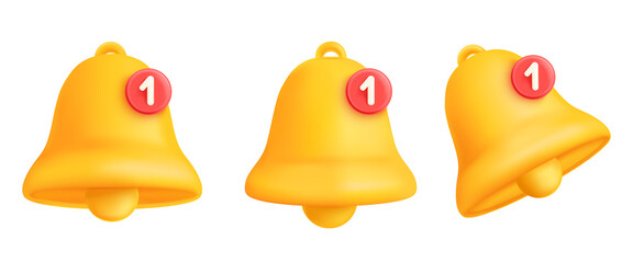 Fototapeta premium 3d notification bell. Render notice or reminder icon for users attention, alert alarm new message social media subscribe symbol ring information phone mail tidy vector illustration