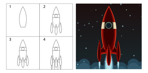 lesson on how to draw a space rocket step by step. tutorial with pictures of stages. development of online art and image coloring. cosmic ship flying in space, children's coloring book, simple drawing