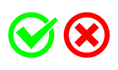 Tick and cross signs. Green checkmark OK and red X icons. Simple marks graphic design. symbols YES and NO button for vote, decision, web. EPS 10