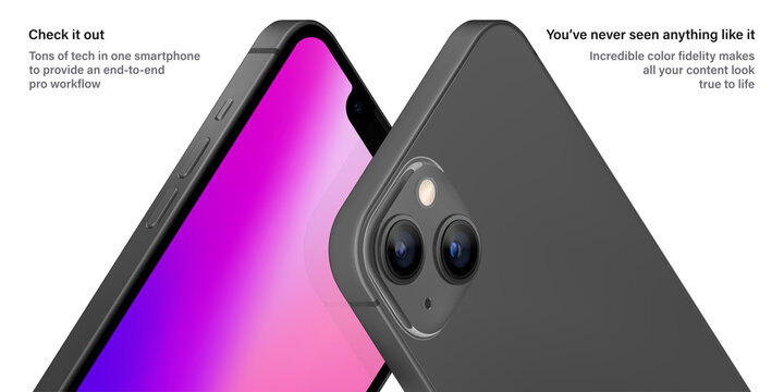 smartphone frameless grey color with colorful screen saver front and backside view isolated on white background. mockup of realistic new mobile phone with shadow. vector 3d isometric illustration