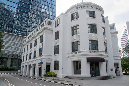 Street view with the Maxwell Chambers corporate building in town.