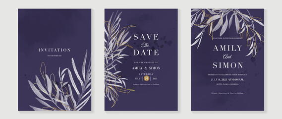 Luxury wedding invitation card background with golden line art leaves and leaf branches, purple watercolor texture. Abstract art background vector design for wedding, vip, cover template, poster.