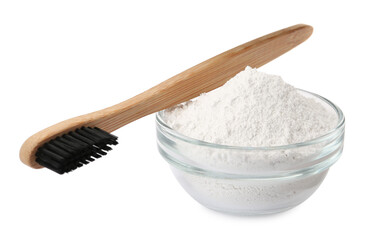 Fototapeta na wymiar Glass bowl of tooth powder and brush on white background
