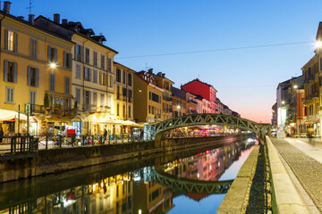 Milan Navigli Milano restaurant and bar district travel traveling holidays vacation town blue hour in Italy