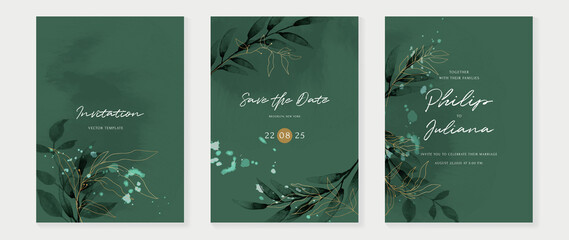 Luxury botanical wedding invitation card template. Green watercolor card with leaf branches, gold glitters, foliage, eucalyptus. Elegant garden vector design suitable for banner, cover, invitation.