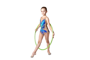 The girl is a gymnast with a hoop, isolated on a white background.