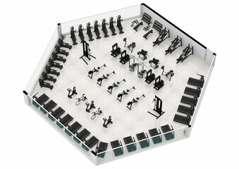 3d interior rendering plan view of furnished gym. Floor plan. 3d interior rendering.