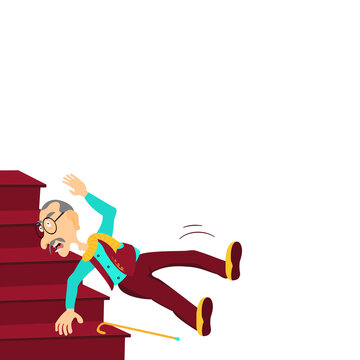 Older glabrous man falling accident.Elderly grey hair man slipped down stairs in home on white background. Vector isolate flat cartoon characters of Old man Clumsiness, Injury, Failure, Safety concept