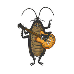 Cartoon cockroach orchestra playing the guitar color sketch engraving vector illustration. T-shirt apparel print design. Scratch board imitation. Black and white hand drawn image.