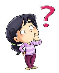 Little girl illustration with expression thinking and questioning symbol