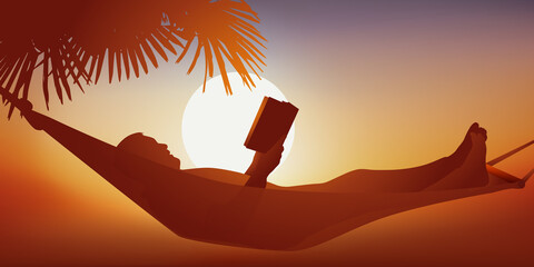Concept des vacances et de la détente, avec un homme qui lit tranquillement un livre, allongé dans un hamac au soleil couchant. - obrazy, fototapety, plakaty