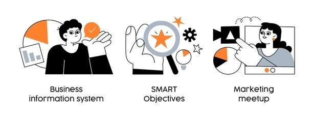 Modern business technologies and organization approaches - set of business concept illustrations. Business information system, SMART objectives, Marketing meetup. Visual stories collection © stonepic