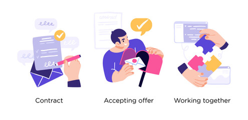 Recruitment process and hiring new employees - set of business concept illustrations. Contract, Acceptiong offer, Working together. Visual stories collection.