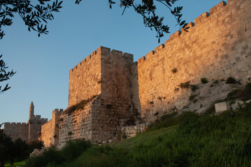 Twilight view of the landmark, stone Tower of David minaret as seen through branches and leaves of trees along the golden sunset walls of the Old City of Jerusalem. © Yehoshua Halevi