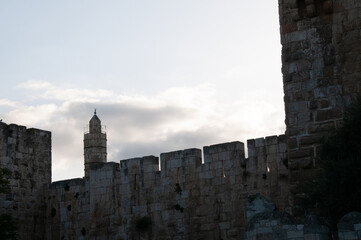View of the landmark, stone Tower of David and the surrounding walls and greenery of the Old City of Jerusalem. © Yehoshua Halevi